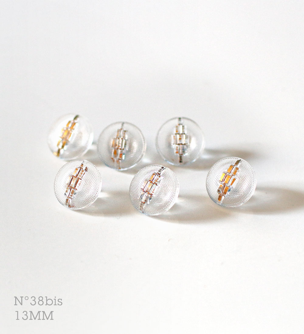 No.38bis | ヴィンテージガラス同型ボタン(透明&ゴールド) 13mm | 6個セット