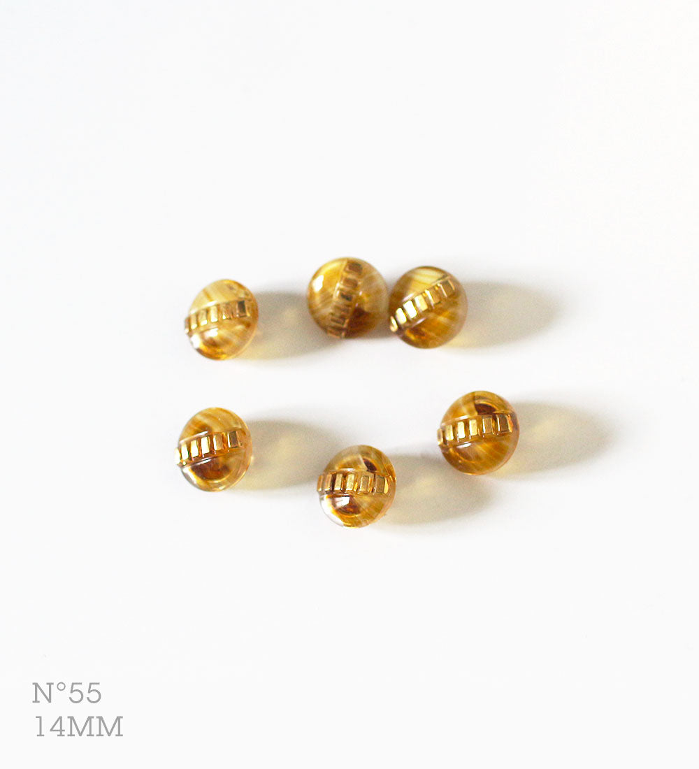 No.55 | Boutons identiques vintages en verre, transparent & doré 14 mm | Lot de 6
