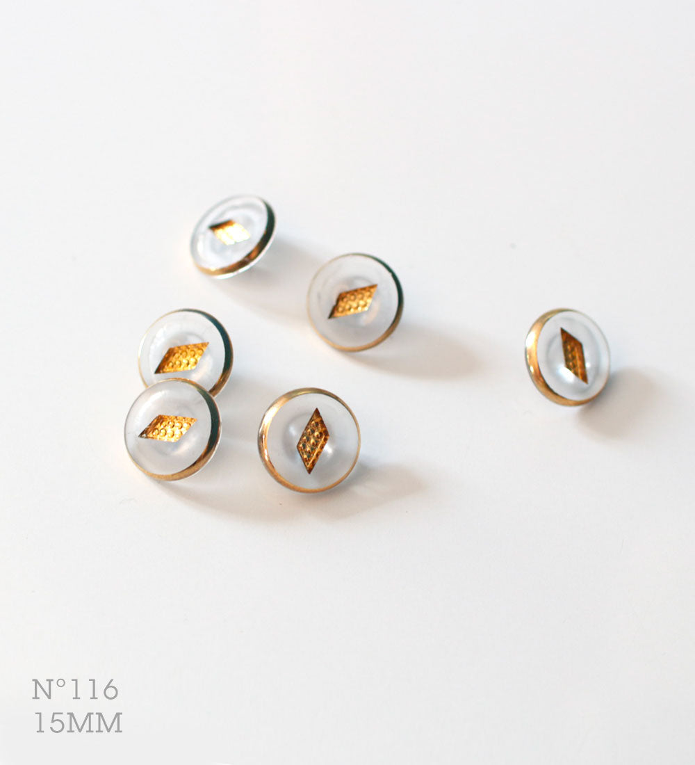 No.116 | Vintage identical semi-frosted glass buttons, clear & gold, 15 mm | Set of 6