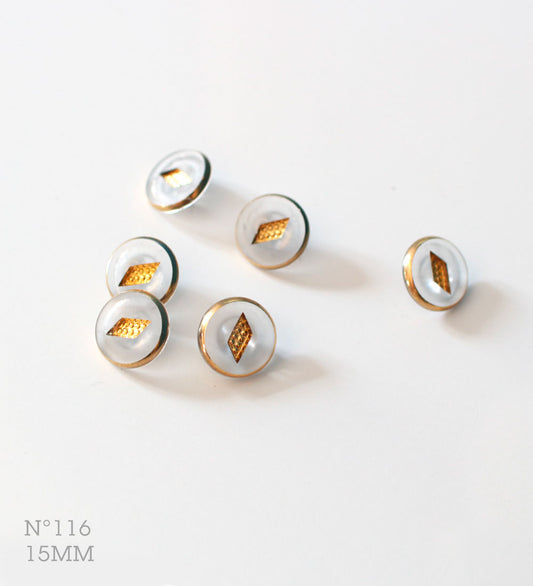 No.116 | ヴィンテージガラス同型ボタン（半透明半曇りガラス＆ゴールド） 15mm | 6個セット