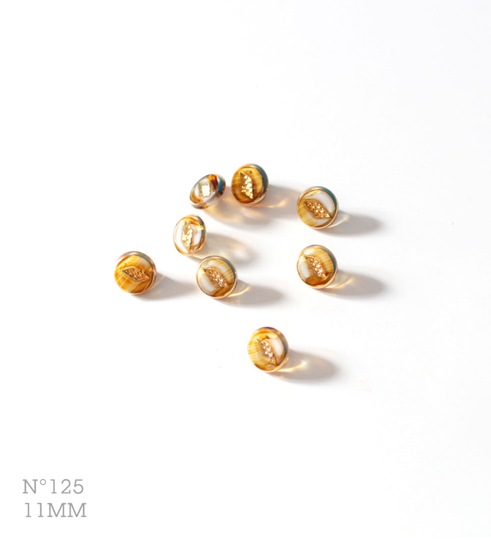 No.125 | Vintage identical clear glass buttons, ochre shades & gold, 11 mm | Set of 8