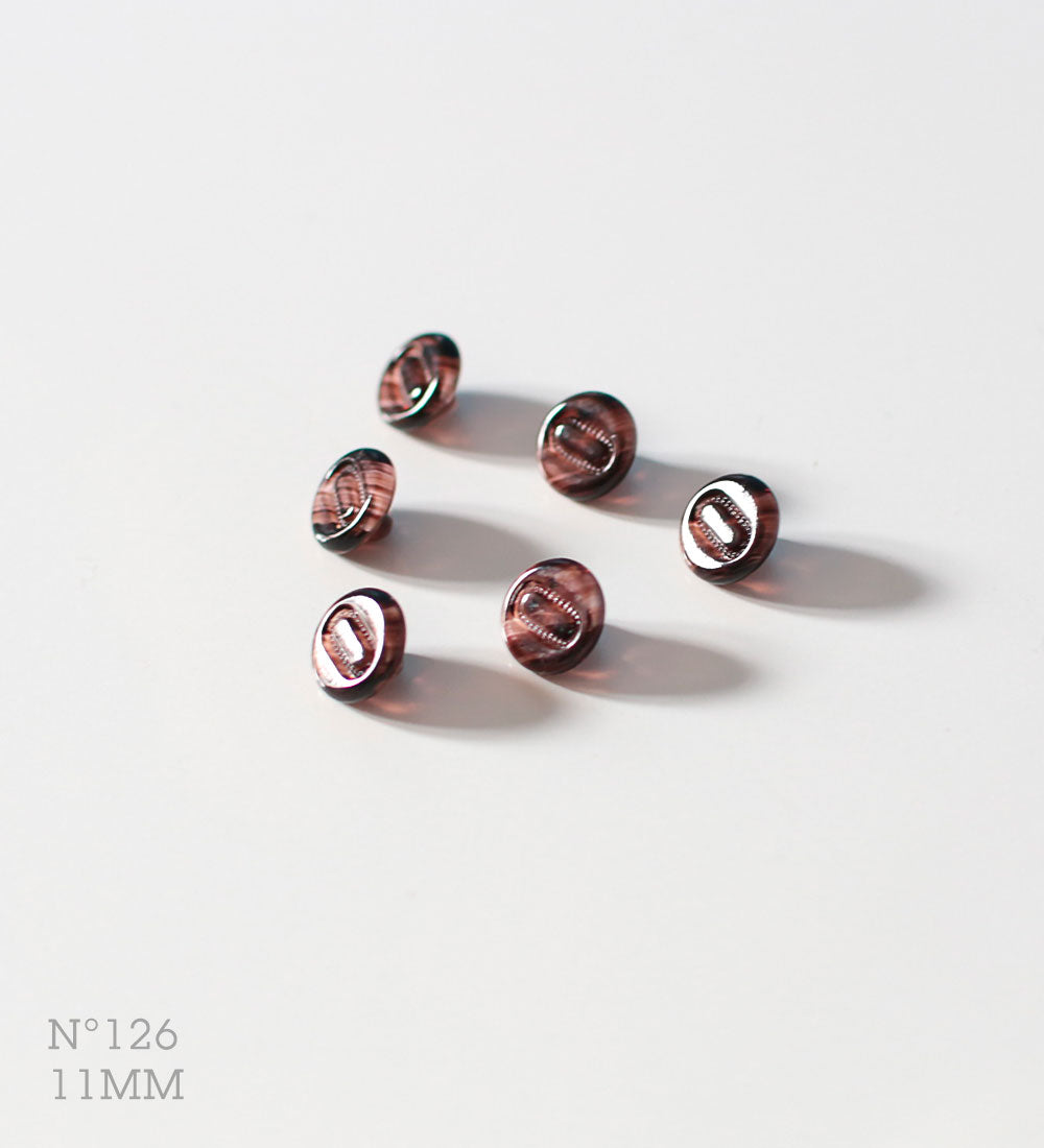 No.126 | Vintage identical clear glass buttons, plum-brown shades, 11 mm | Set of 6