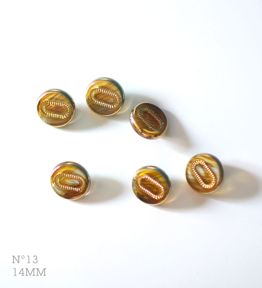 No.13 | Boutons identiques vintages en verre, transparent & doré 14 mm | Lot de 6