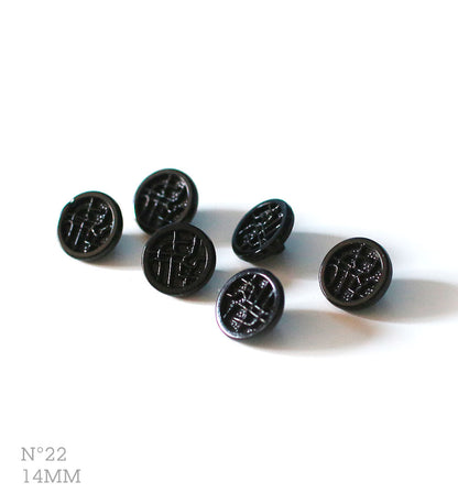 No.22 | Boutons identiques vintages en verre, noir 14 mm | Lot de 6