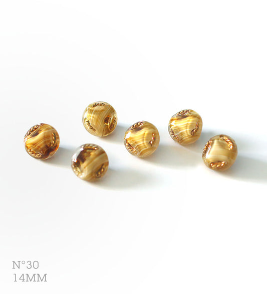 No.30 | ヴィンテージガラス同型ボタン（オーカー系グラデーション＆ゴールド） 14mm | 6個セット