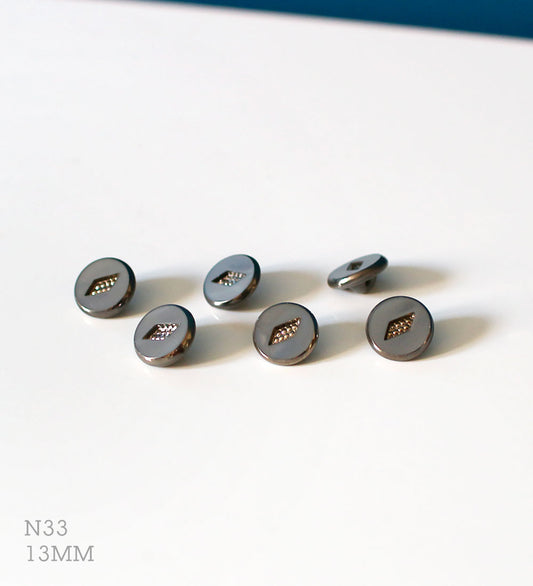 No.33 | ヴィンテージガラス同型ボタン（グレー＆シルバー装飾） 13mm | 6個セット