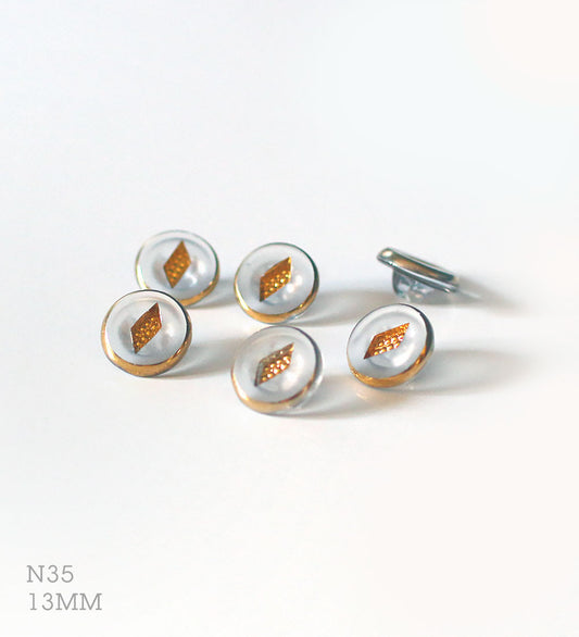 No.35 | ヴィンテージガラス同型ボタン（半透明曇りガラス＆ゴールド装飾） 13mm | 6個セット