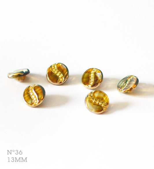 No.36 | ヴィンテージガラス同型ボタン（透明＆ゴールド） 13mm | 6個セット