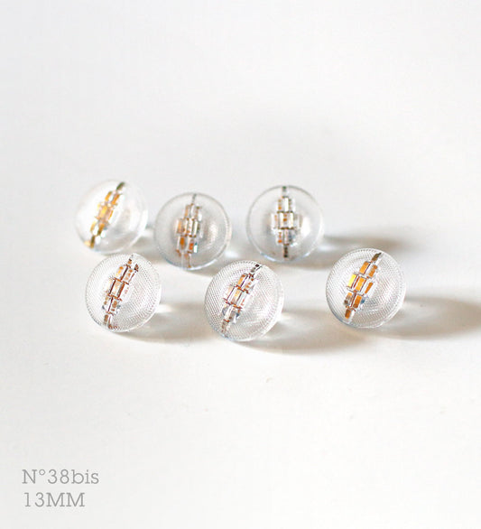 No.38bis | ヴィンテージガラス同型ボタン（透明＆ゴールド） 13mm | 6個セット