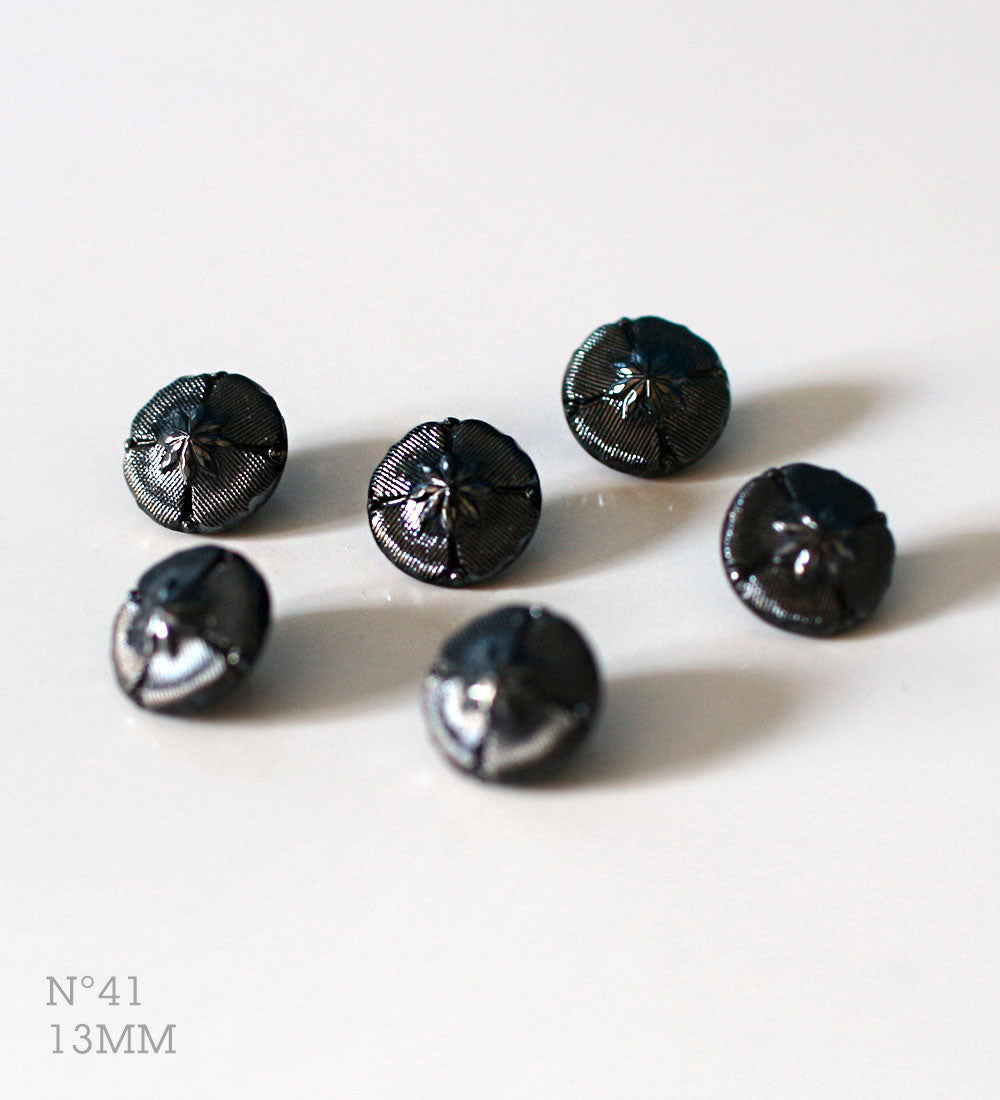 No.41 | Boutons identiques vintages en verre, noir brillant 13 mm | Lot de 6