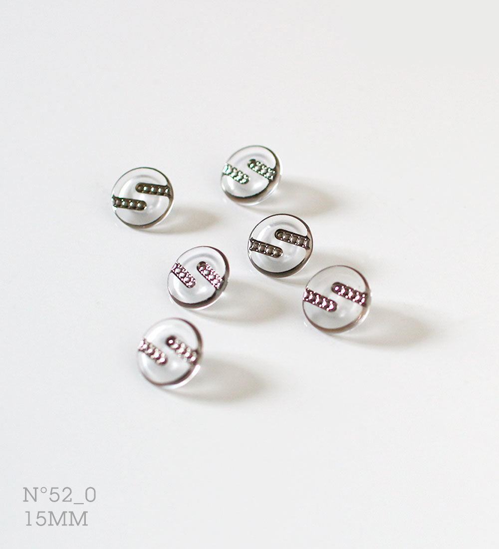 No.52_0 | Vintage identical glass buttons, semi-frosted clear & silver, 15 mm | Set of 6