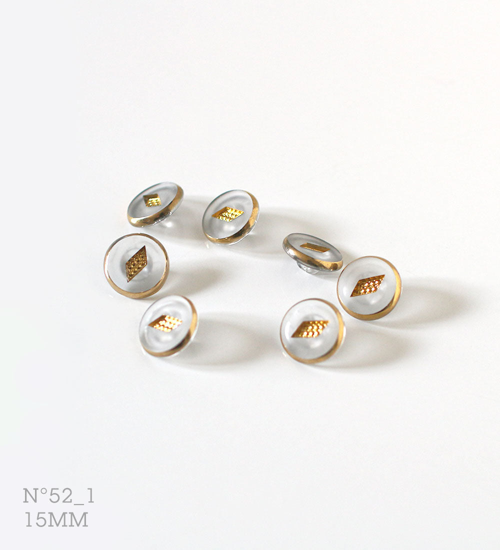No.52_1 | Vintage identical glass buttons, semi-frosted clear & gold, 15 mm | Set of 6