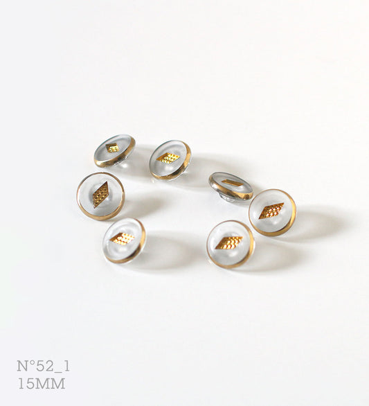 No.52_1 | ヴィンテージガラス同型ボタン（半透明半曇りガラス＆ゴールド） 15mm | 6個セット