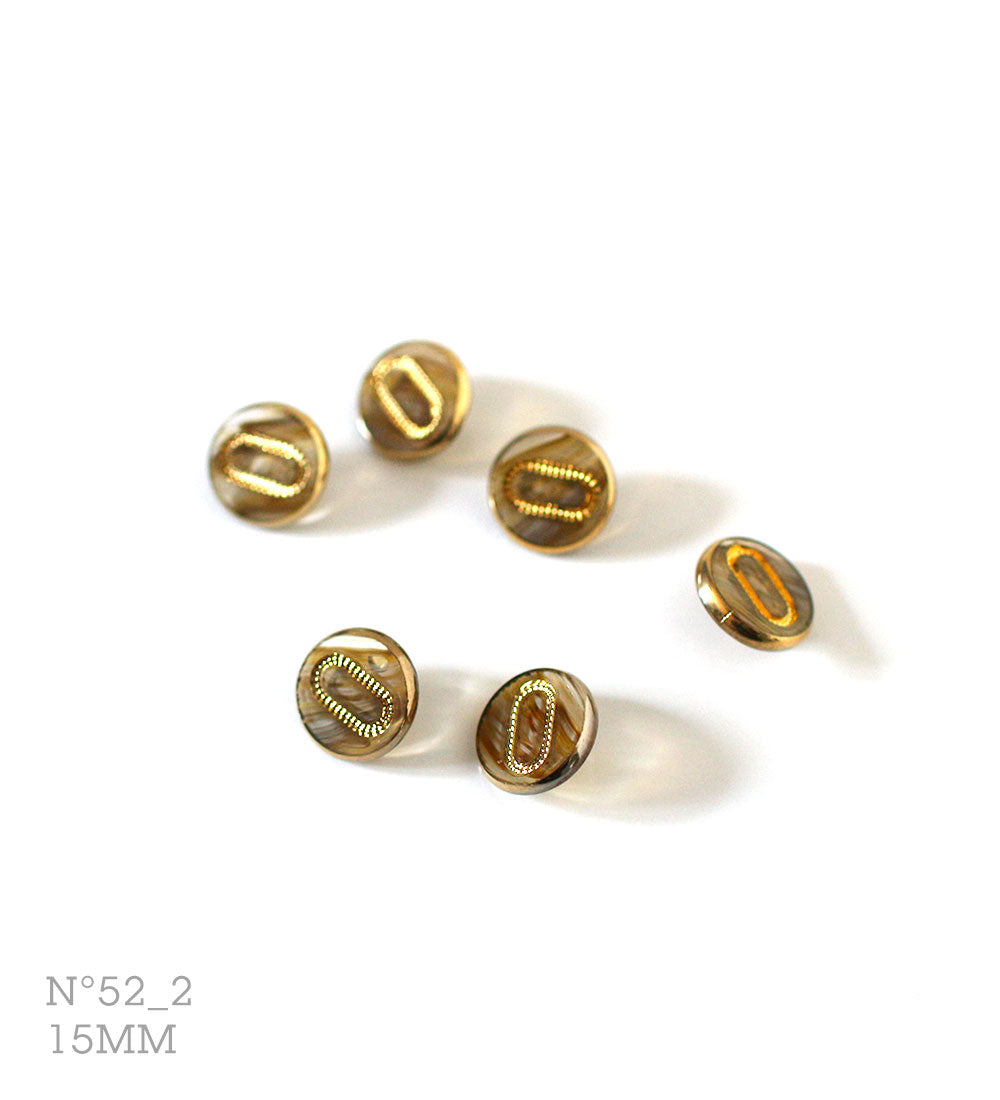 No.52_2 | Boutons identiques vintages en verre, transparent & dorée 15 mm | Lot de 6