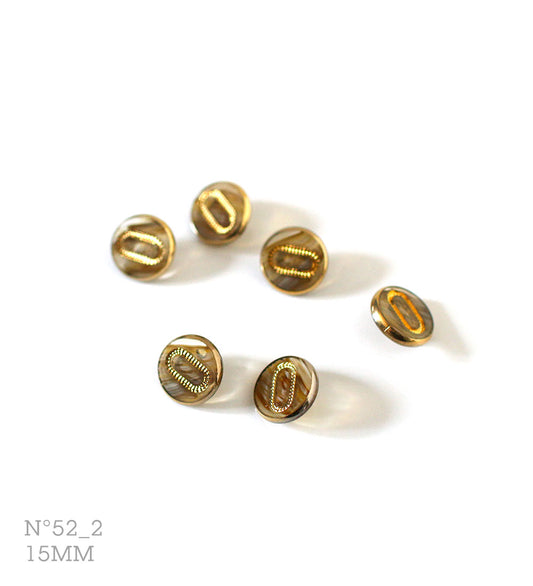 No.52_2 | ヴィンテージガラス同型ボタン（透明＆ゴールド） 15mm | 6個セット