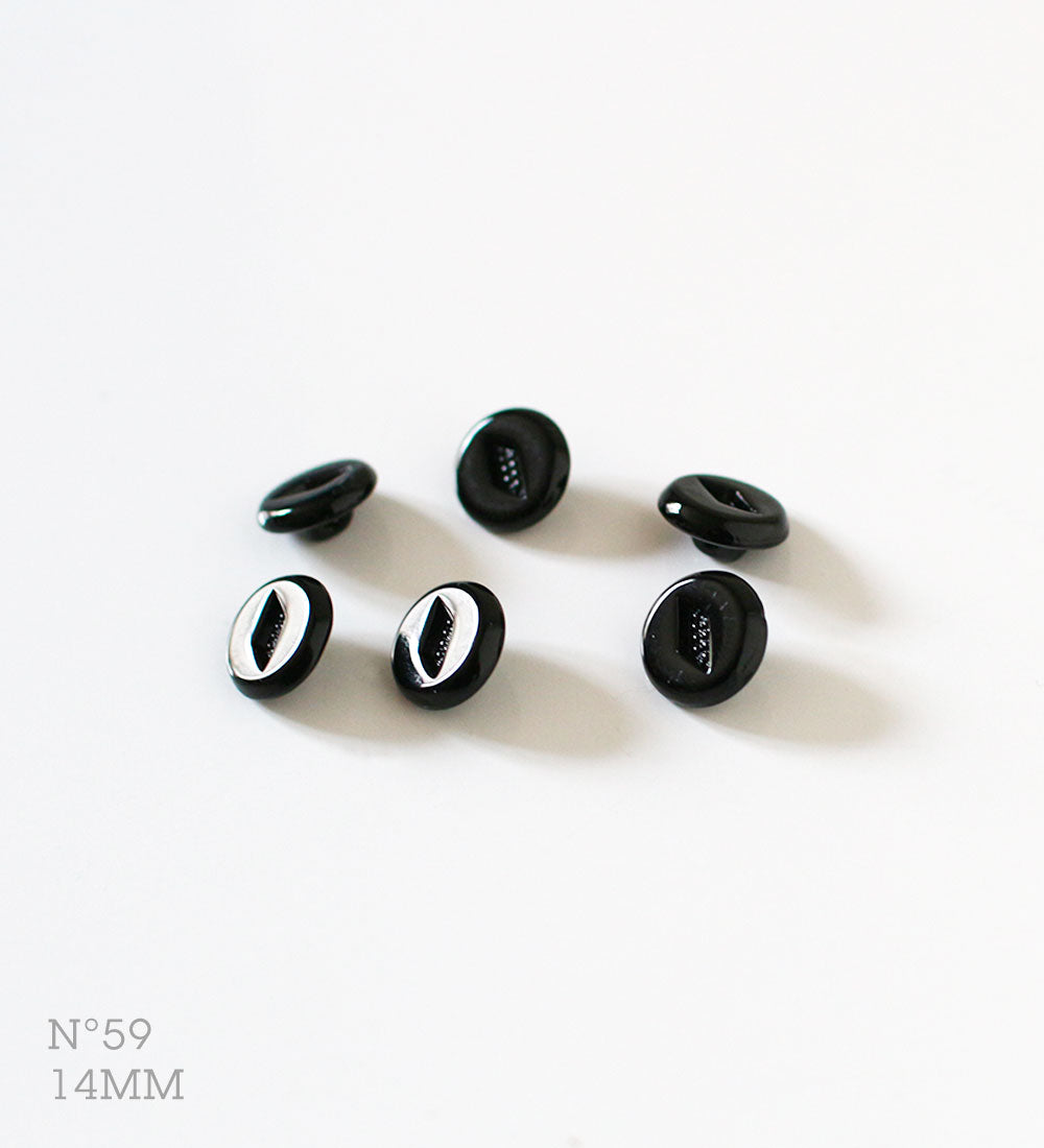 No.59 | Boutons identiques vintages en verre, noir 14 mm | Lot de 6