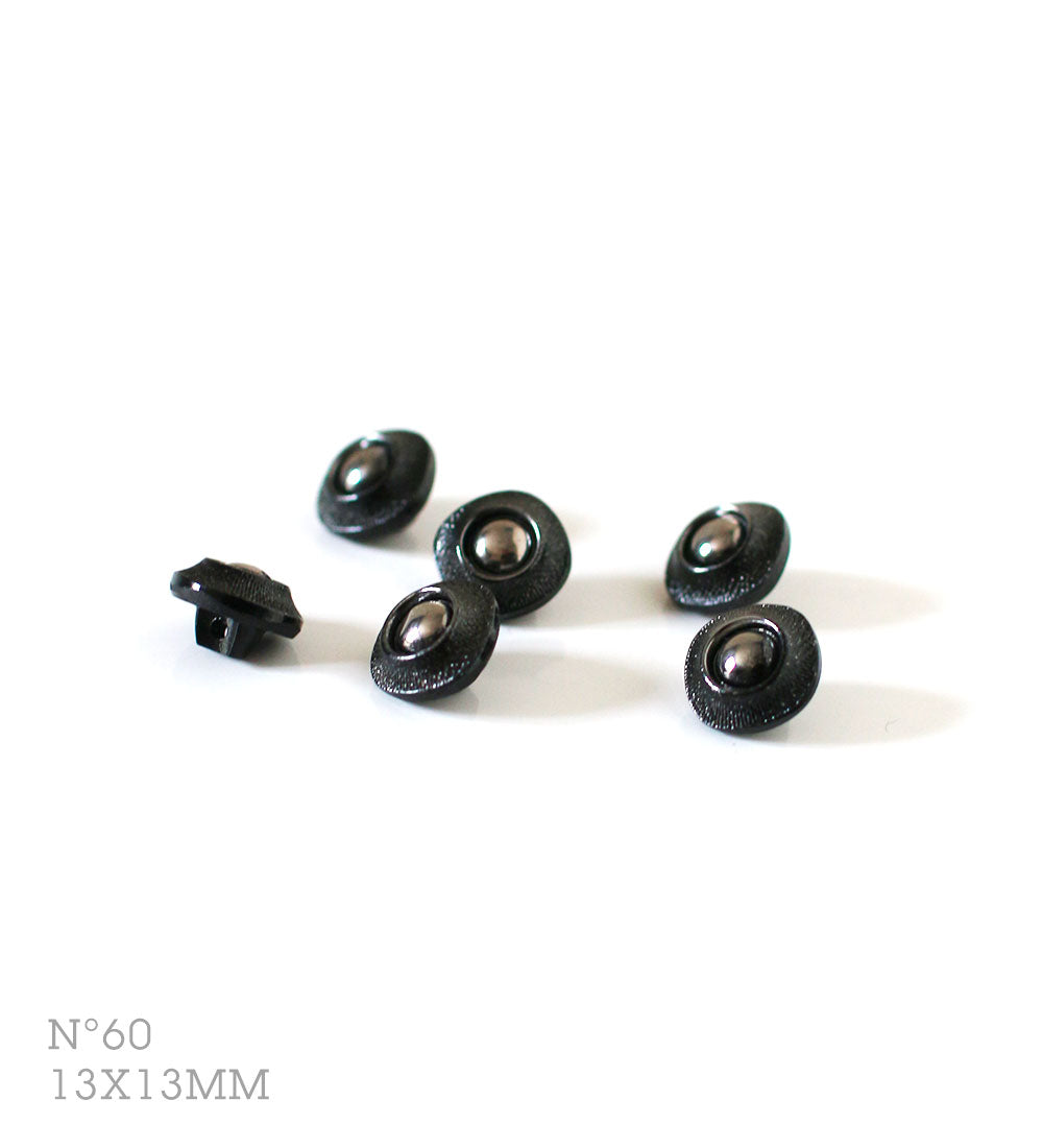 No.60 | Boutons identiques vintages en verre, noir brillant & métallisé 13 x 13 mm | Lot de 6