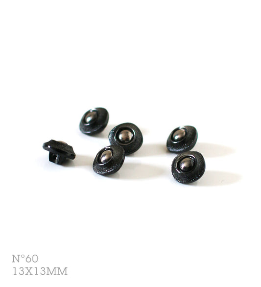 No.60 | ヴィンテージガラス同型ボタン（光沢ブラック＆メタリック） 13 x 13mm | 6個セット