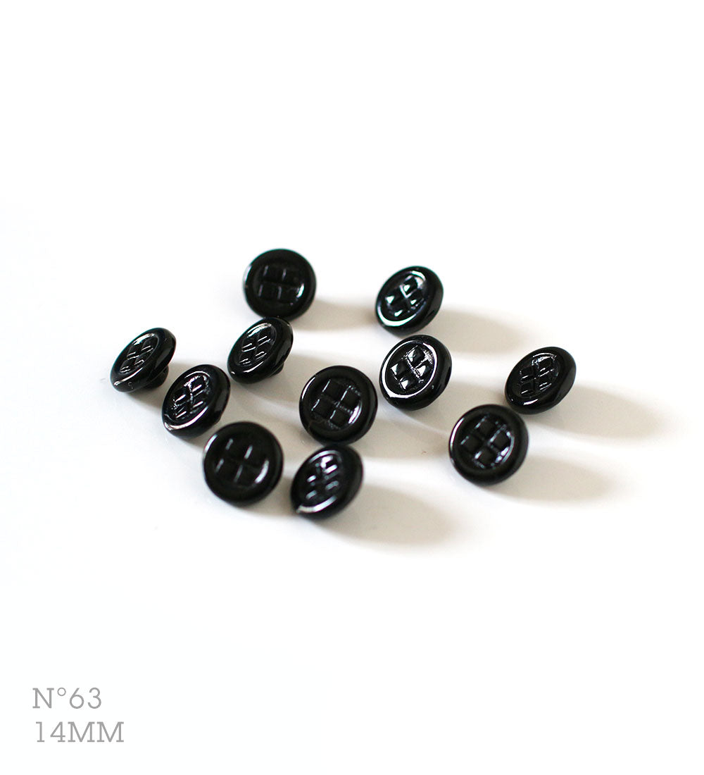 No.63 | Boutons identiques vintages en verre, noir 14 mm | Lot de 11