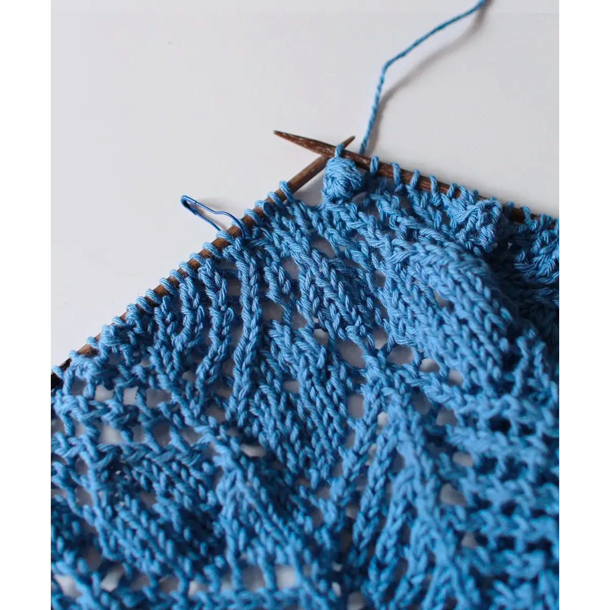 Large hand-knitted Komorebi shawl, lace details