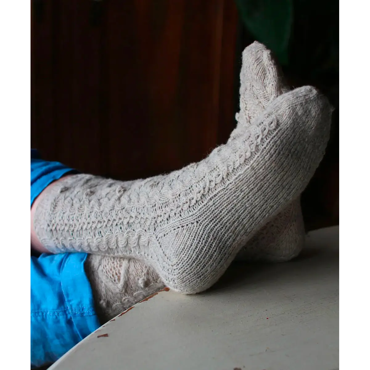 Hand-knitted Fantasy Aran sweater, worn