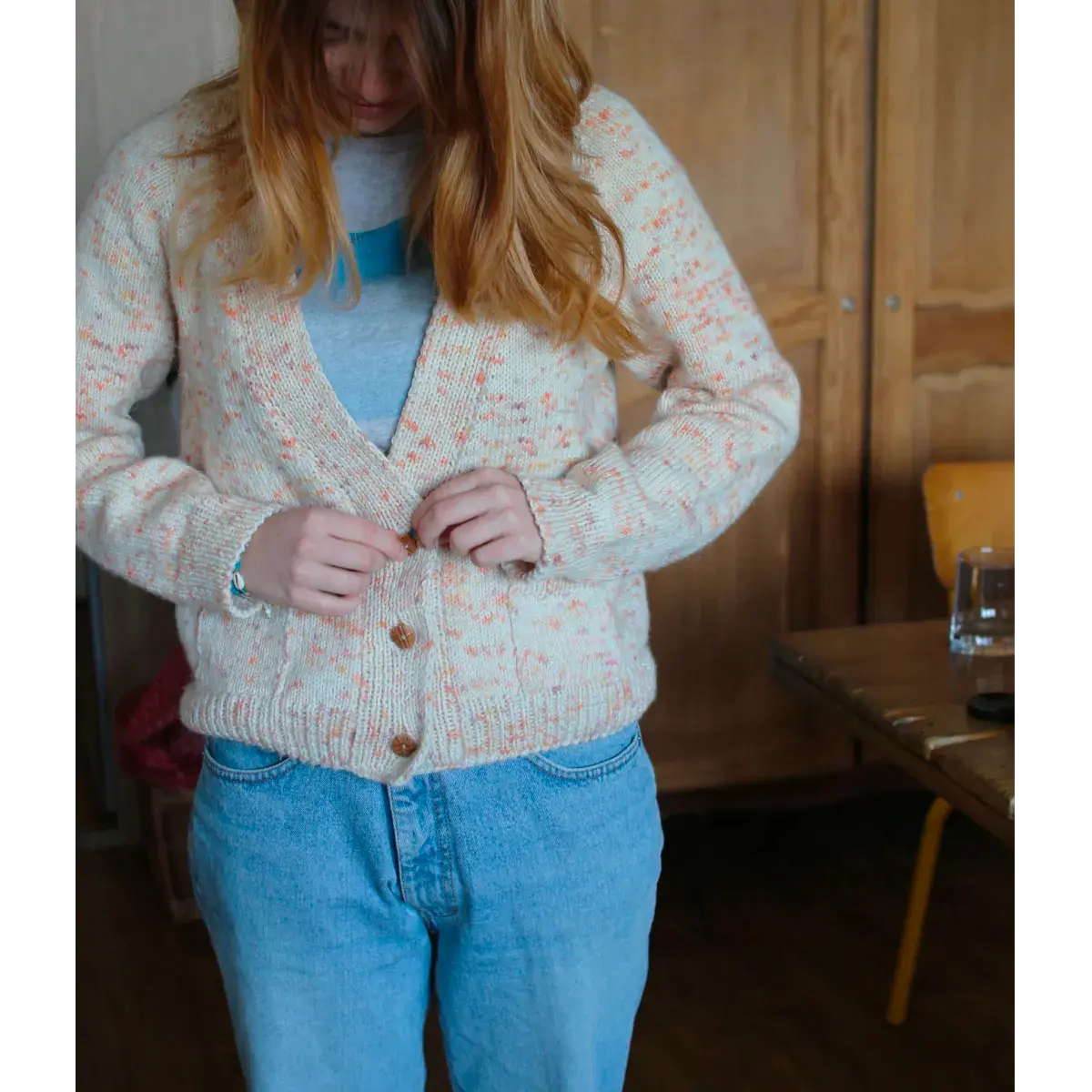 Hand-knitted Chill Morning sweater, side view