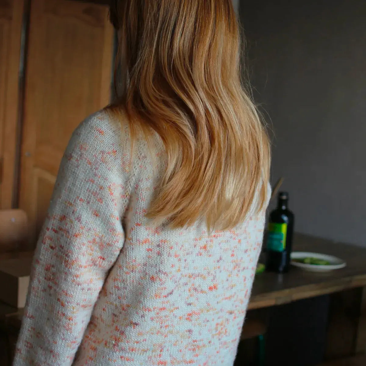 Hand-knitted Chill Morning sweater, wool detail