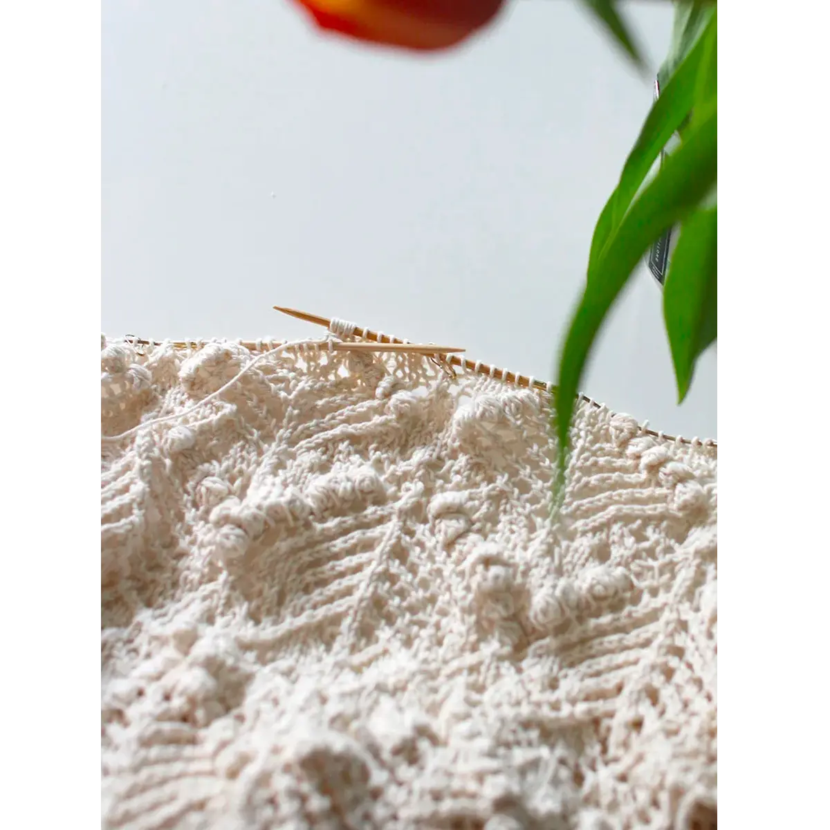 Hand-knitted Komorebi shawl, fluffy texture