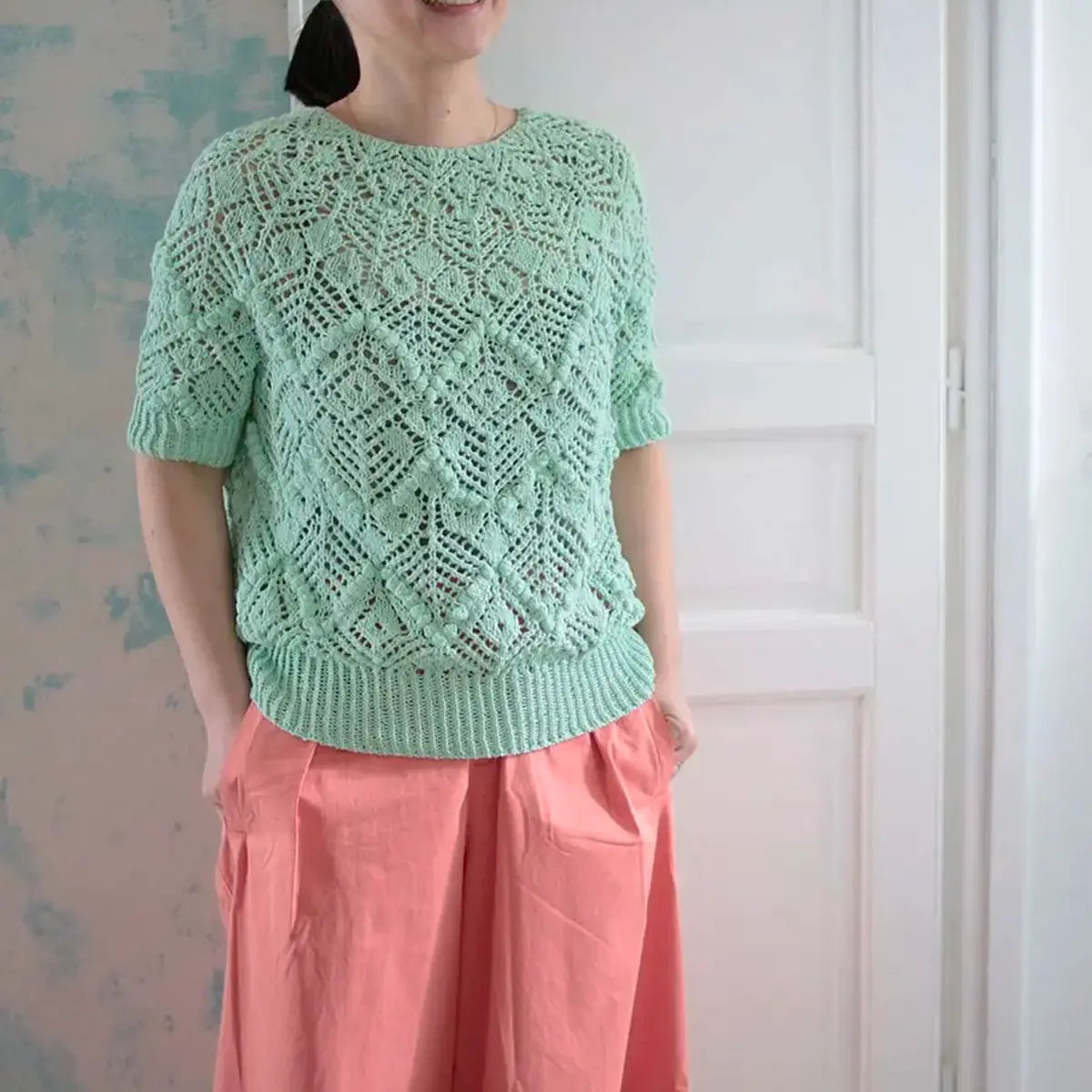 Hand-knitted Komorebi shawl, openwork lace pattern
