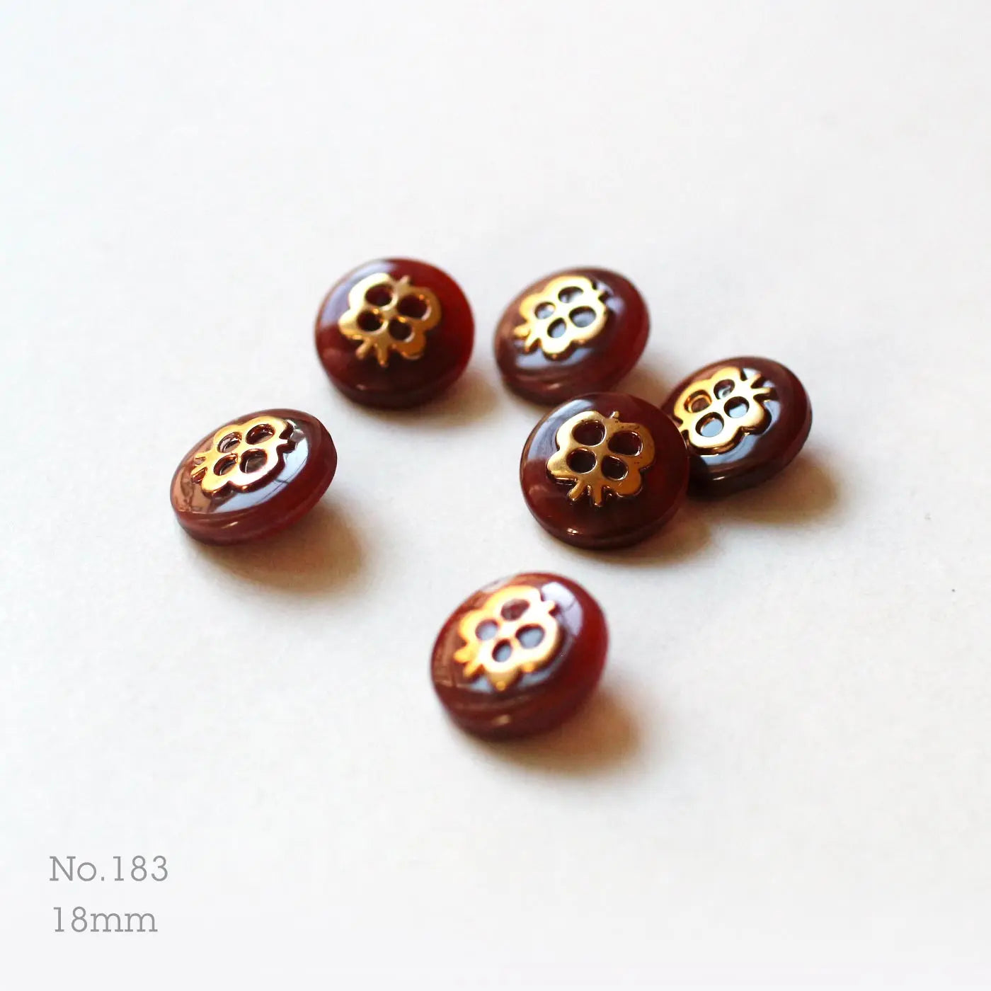 No.183 | Identical vintage bordeaux, gold and clear glass buttons, 18 mm | Set of 6